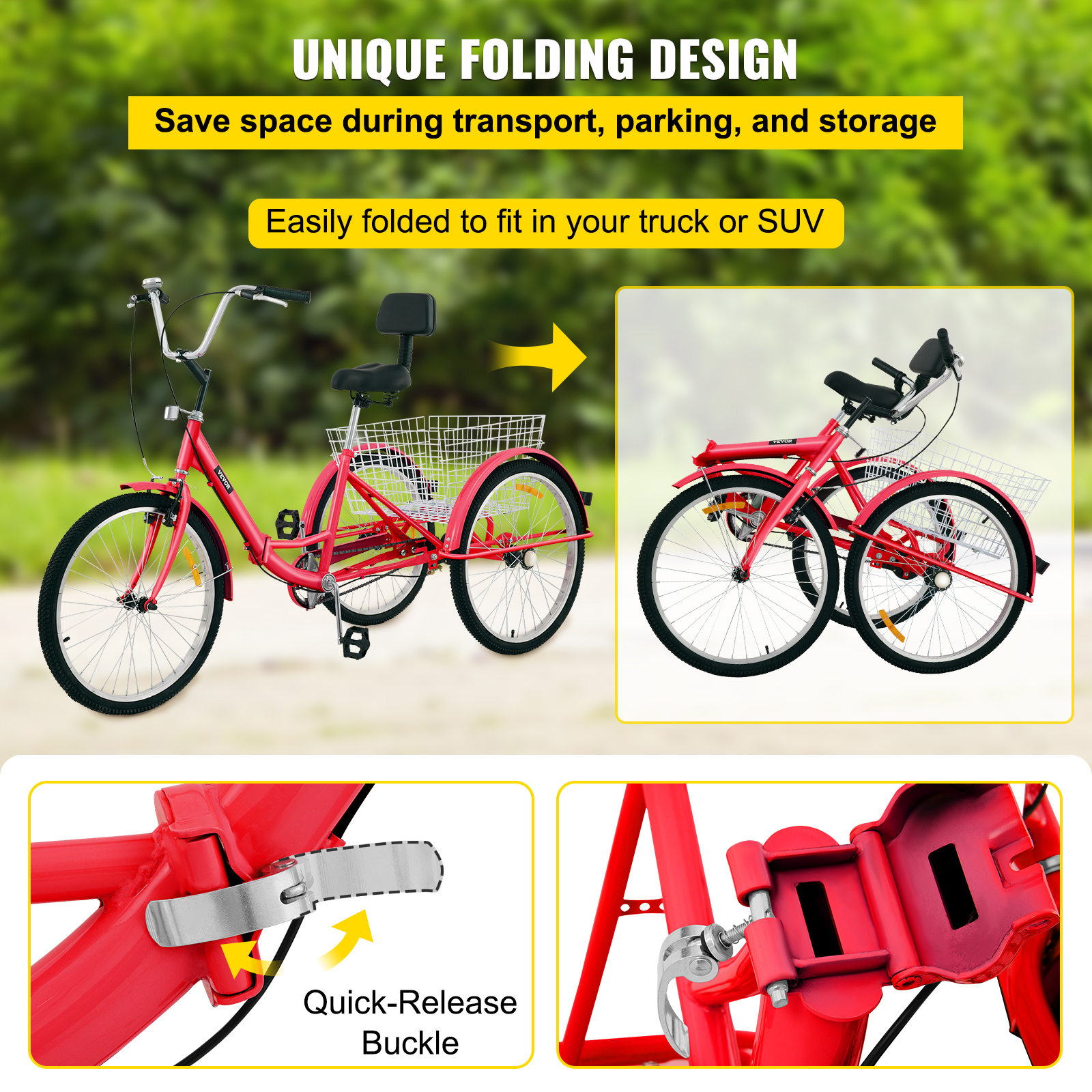 VEVOR Foldable Tricycle 24 inch Wheels,1-Speed Red Trike, 3 Wheels Colorful Bike with Basket, Portable and Foldable Bicycle for Adults Exercise Shopping Picnic Outdoor Activities - image 3 of 9