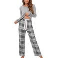 thumbnail image 1 of Conjunto de pijama de manga larga para mujer, pantalones a cuadros con cierre de cordón, jersey, Top transpirable, conjunto de ropa de descanso de 2 piezas, gris L, 1 of 6