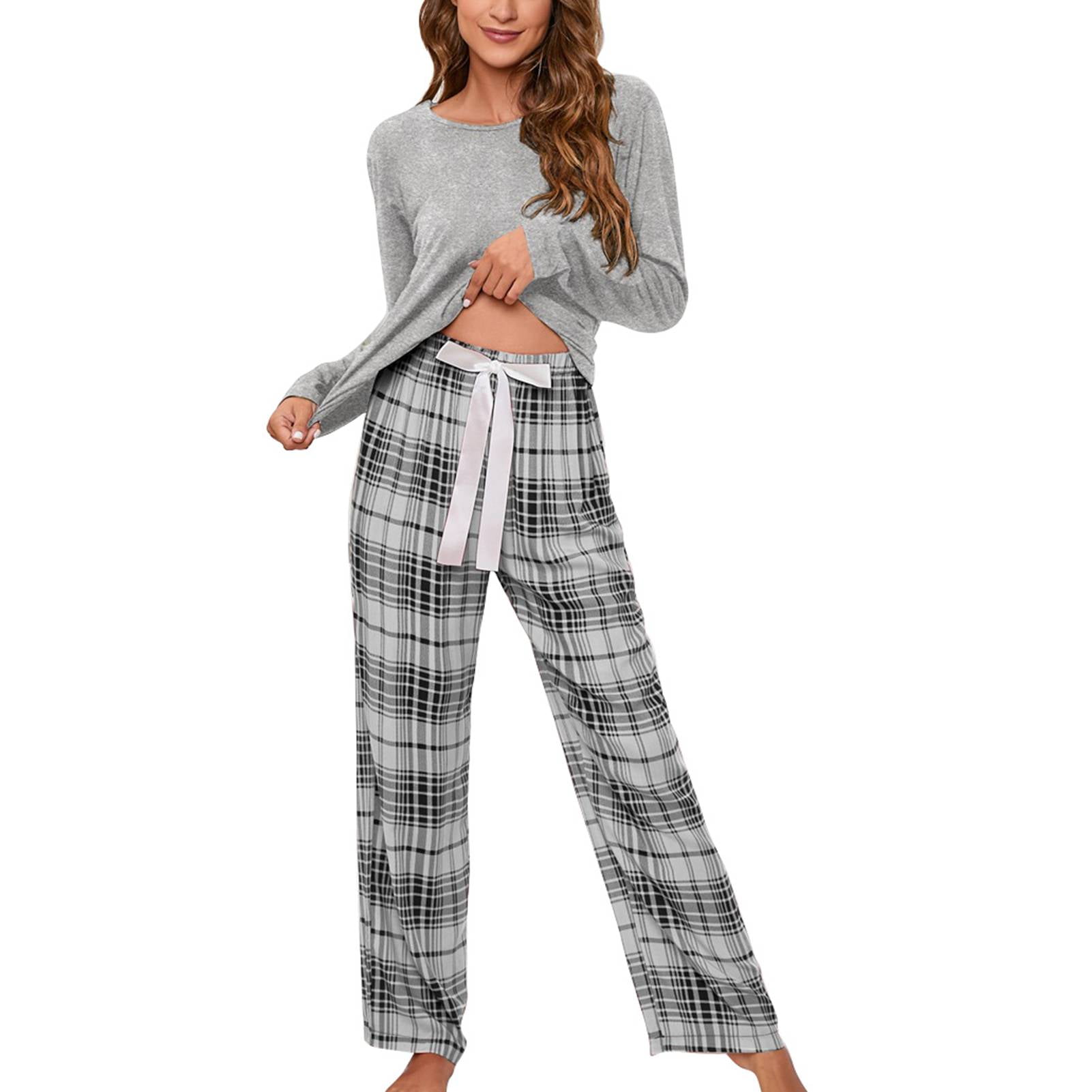 Women Long Sleeve Pajama Set Drawstring Closure Plaid Pants Pullover Top Breathable 2 Piece Loungewear Set Grey S Walmart