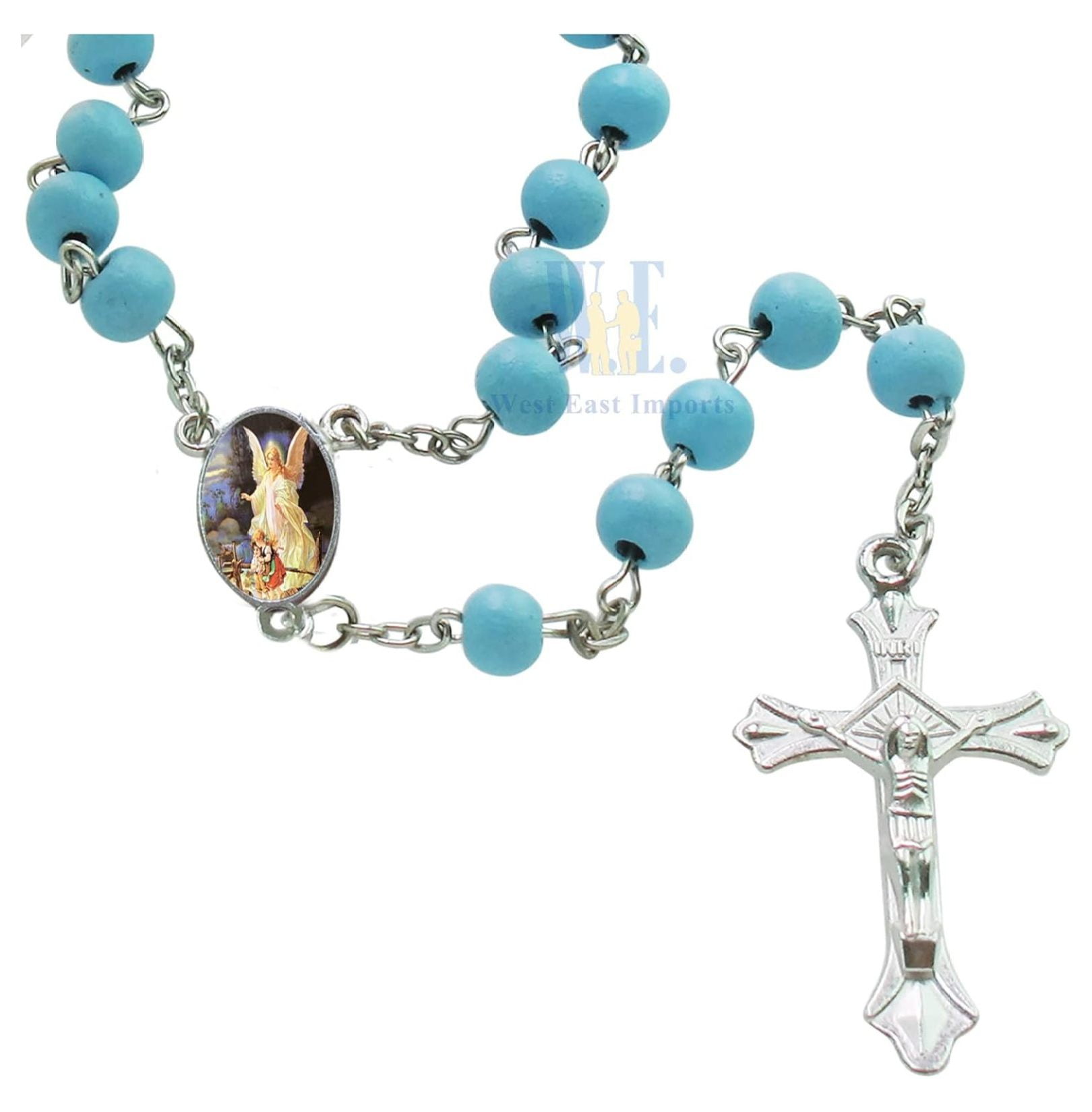 Baptism First Communon Blue Scented Wood Rosary Favor - 12pcs Angel Rosaries with individual Gift Box and Decorated Pouches