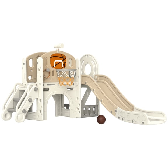 Kids Slide Qaba 7-in-1 Toddler Slide Playset, Kids Slide for Ages 1-6 Years with Ring Toss, Basketball Hoop, Telescope, Indoor Playground with Climber, Storage Space, Crawl Tunnel, Cream White,Toddl