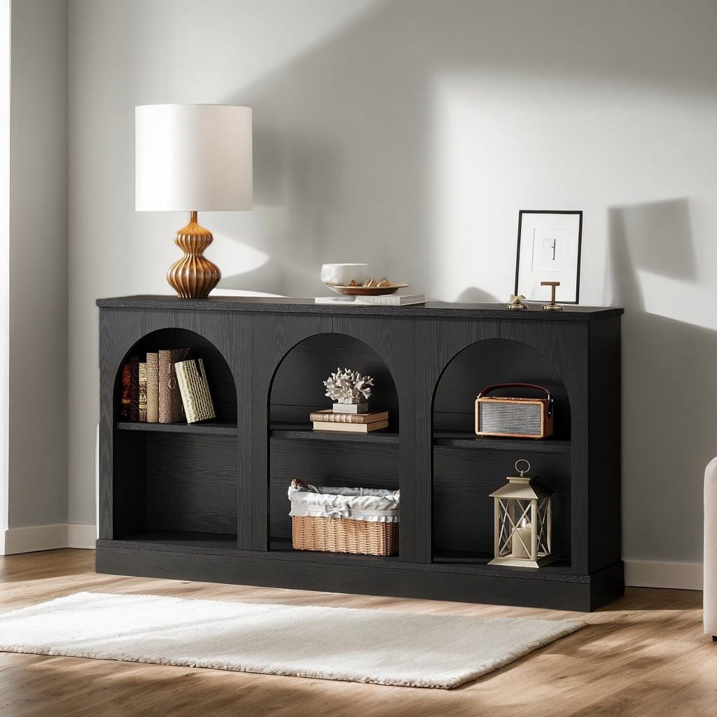 Resenkos Modern Black Console Table, Entryway & Living Room, Wooden Design, Arched Shelf, Stylish Display, Space-Saving Elegant, Black