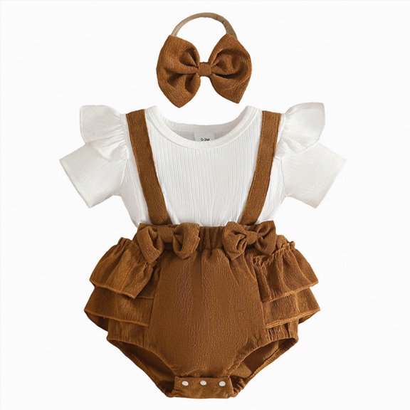 Hessimy Baby Girl Summer Clothes Ribbed Short Sleeve Romper Solid Color Bodysuits Bow Headband Outfit Newborn Girl Jumpsuit(Coffee