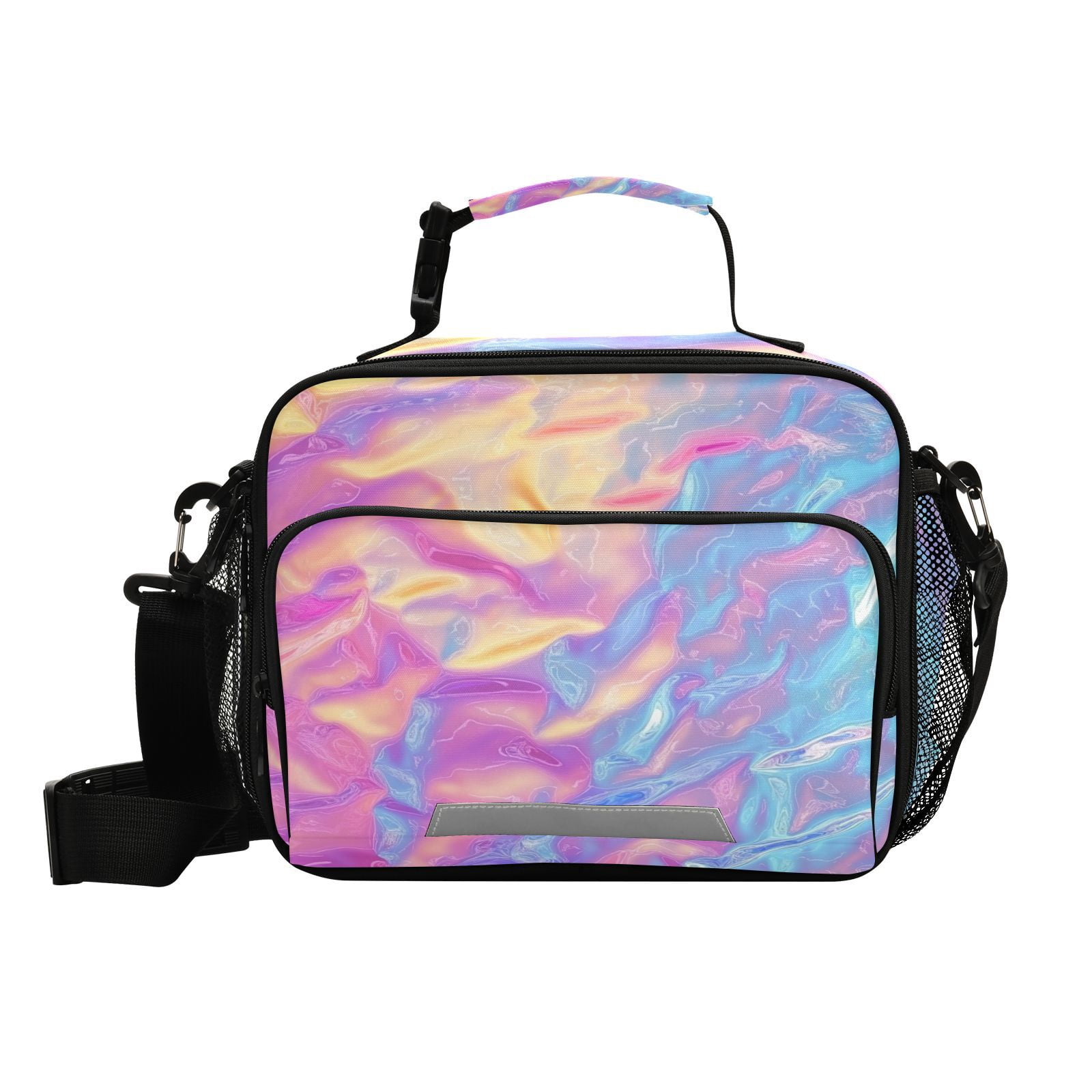 Colorful Hologram Waves Lunch Bag Cooler Bag Cooling Tote Portable Shoulder Strap Interior Pockets for Picnic Travel