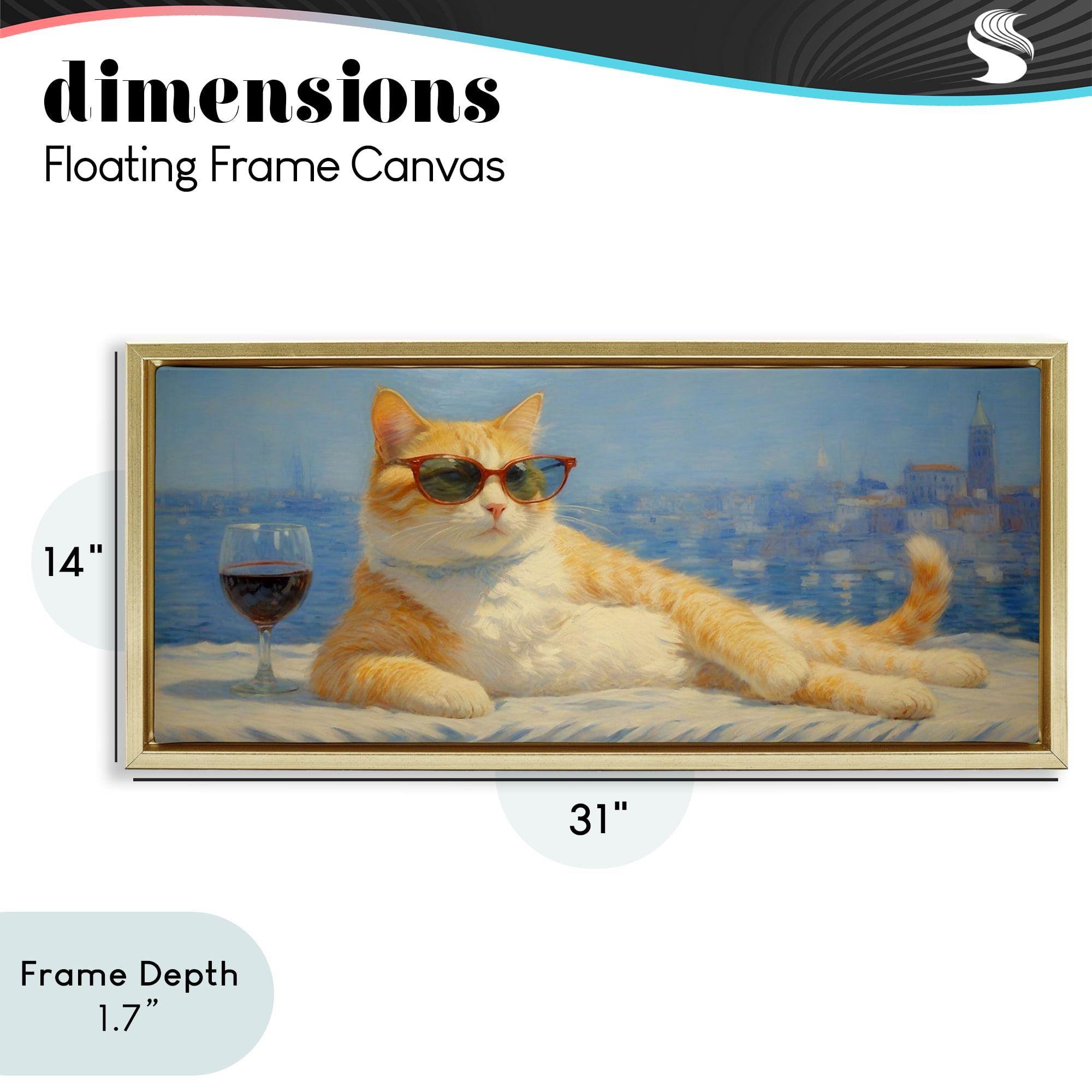Stupell Industries Lounging Feline with Wine Glass Gold Framed Floater Canvas Wall Art, design by Angie Hawke