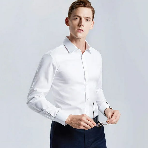 Camisa blanca de manga larga para hombre sin planchado para trabajo profesional con cuello informal con botones tallas grandes S 5XL Walmart en linea