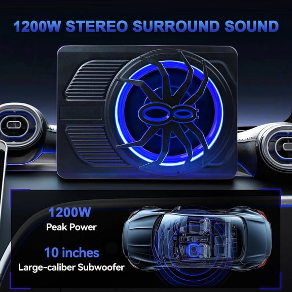 1200W Car Subwoofer 10" 12V Slim Under Seat Powered Car Subwoofer APP Control