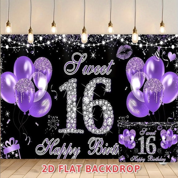 Sweet 16 Birthday Backdrop Purple Black Glitter Diamond Photography Background Happy 16th Birthday Party Decorations Banner for Photo Booth Props Wall Decor