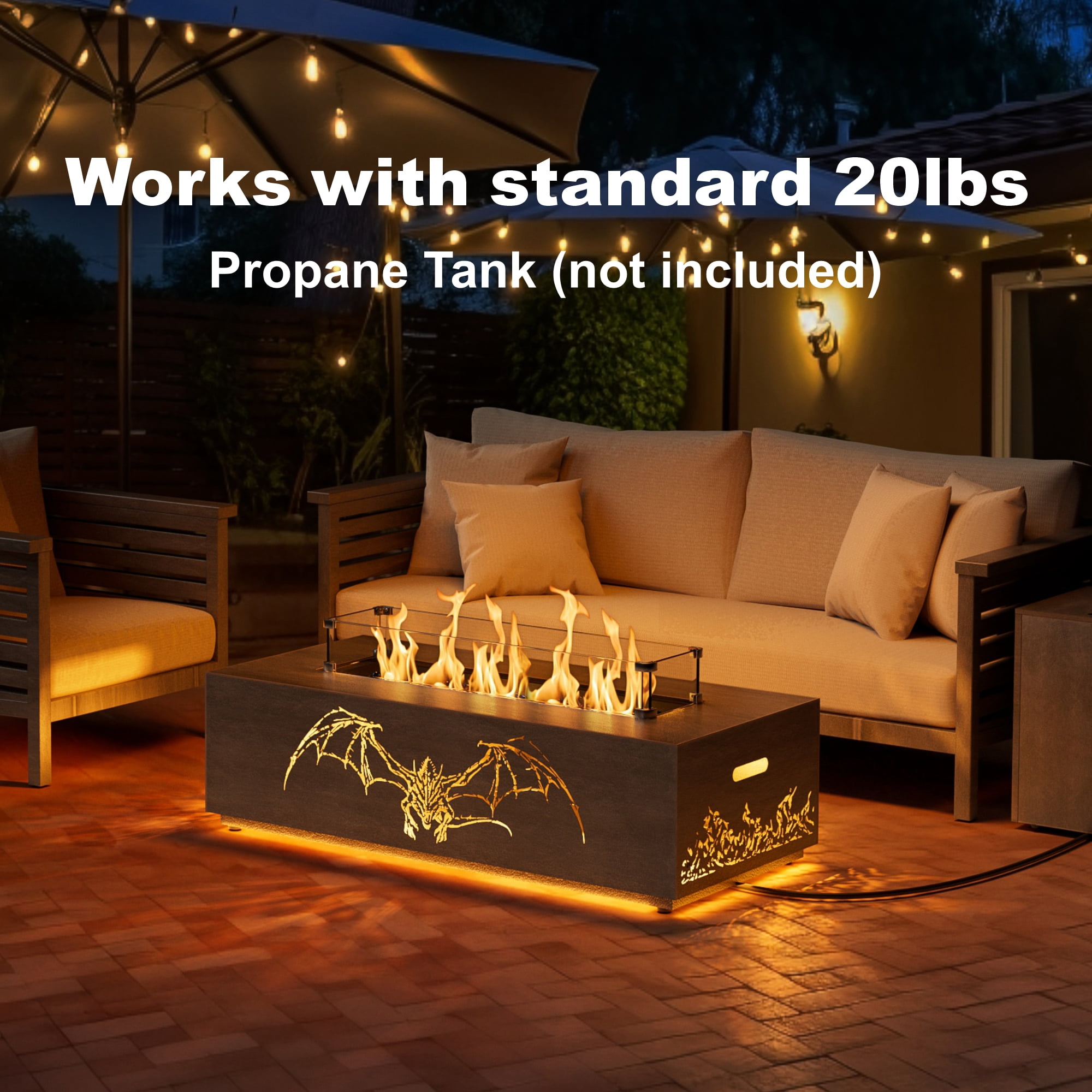 Evita 42" Fire Pits for Outside 50,000 BTU Propane Fire Pit for Outside Patio, Outdoor Fire Pit Table with Golden LED Lights