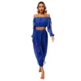 thumbnail image 3 of TiaoBug Womens Belly Dance Costume Long Sleeve Off Shoulder Crop Top+Sequined Dots Chiffon Pants Set Royal Blue One Size, 3 of 7