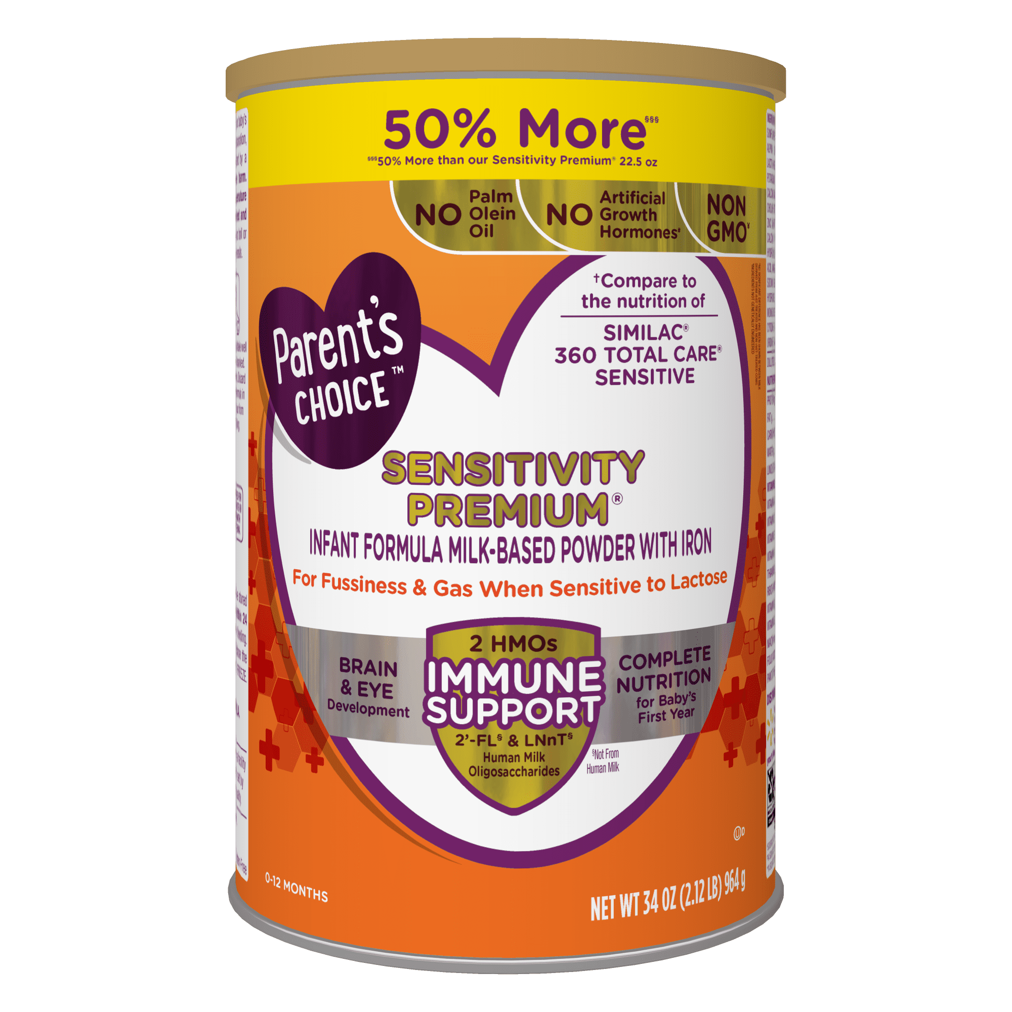 (2 pack) Parent's Choice Sensitivity Premium Baby Formula with Iron, Dual HMOs, 34 oz Canister