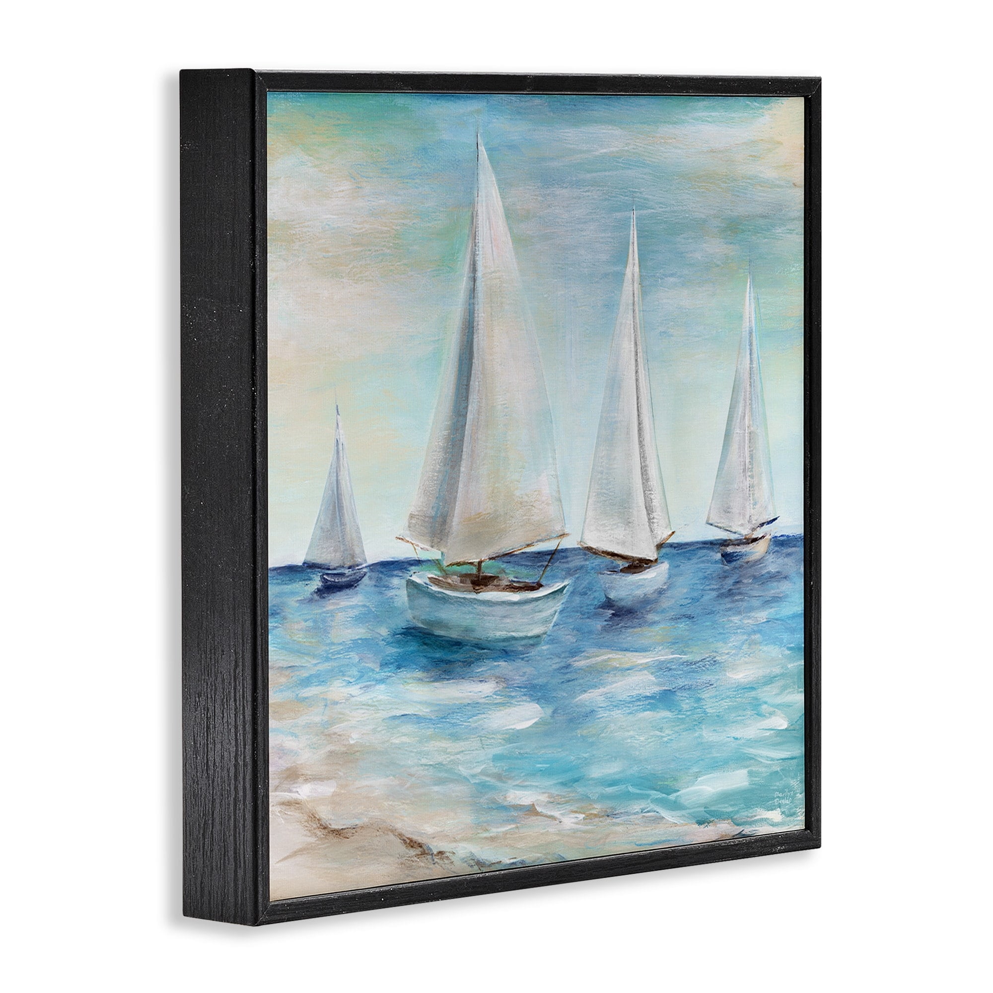 Stupell Industries Sailboats Floating Peacefully Daytime Beach Shoreline Painting Painting Black Framed Art Print Wall Art, Design by Marilyn Dunlap