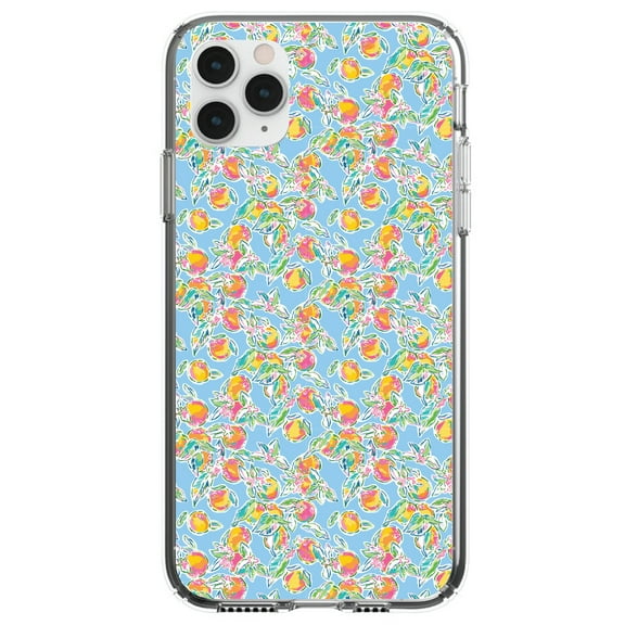 DistinctInk Clear Shockproof Hybrid Case for iPhone 13 Pro MAX (6.7" Screen) - TPU Bumper, Acrylic Back, Tempered Glass Screen Protector - Preppy Pattern - Orange & Blue Flowers Floral