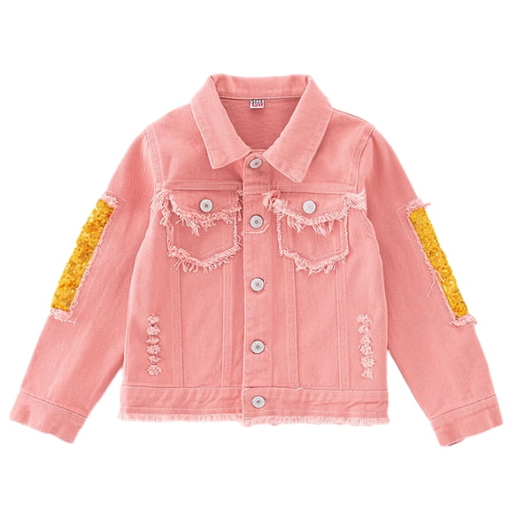 GYRATEDREAM Girls Denim Jacket, Rainbow Print Sequin Long Sleeve Button‑Down Distressed Jean Coat for Kids 5‑14T