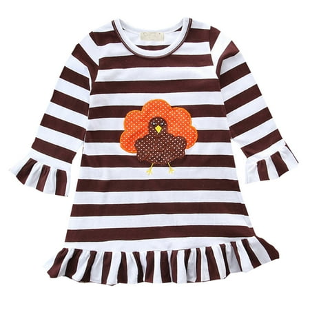 

GWAABD Girls Party Dresses Brown Cotton Blend Toddler Girls Long Sleeve Thanksgiving Turkey Print Striped Dress Princess Dress for Kids Babys Clothes 110