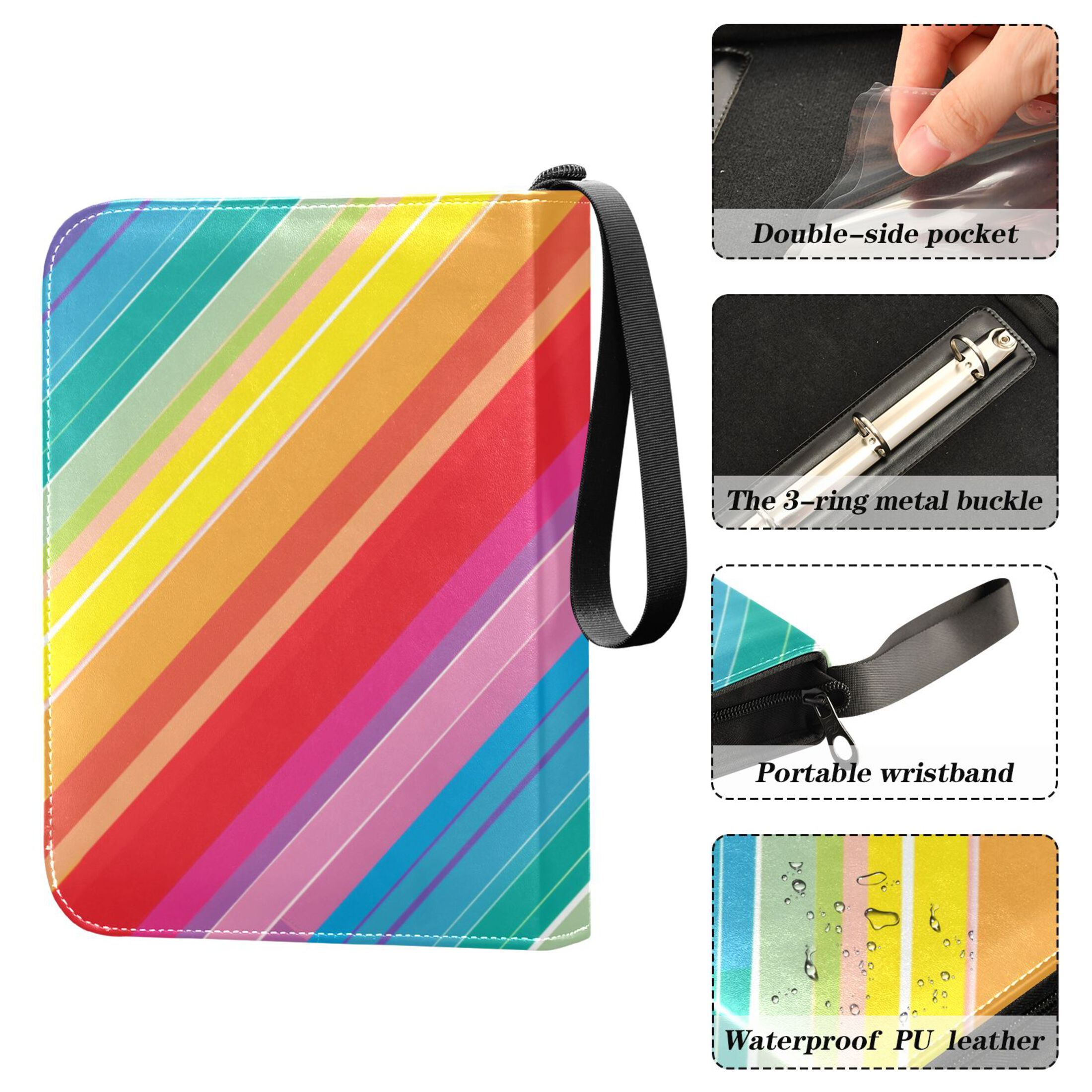Trading Card Binder Album 400 Pockets 50 Removable 4-Pocket Pages Waterproof Rainbow Lines