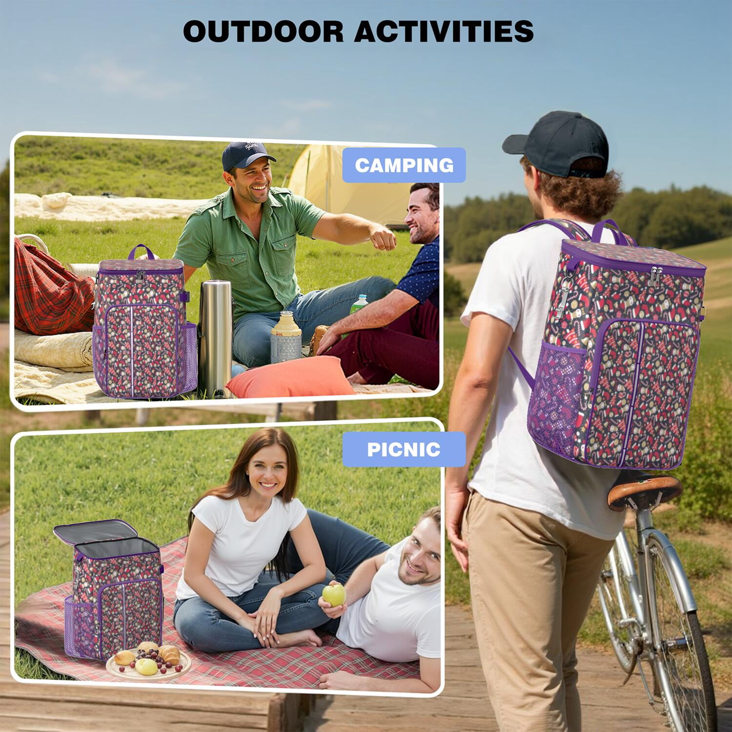 Travel Cooler Bag - Dark Blue Christmas Pattern Camping Beer Cooler Backpack with Bottle Opener- Waterproof Insulated Picnic Backpacks - Cooler Bag for Beach