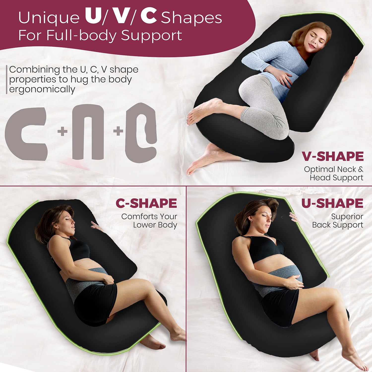 PILLANI Pregnancy Pillows for Sleeping - V C U Shaped Full Body Pillow with Removable Cover, 57inch Cooling Maternity Pillow for Pregnant Women, Support for Back Belly Legs Hip - Pregnancy Must Haves