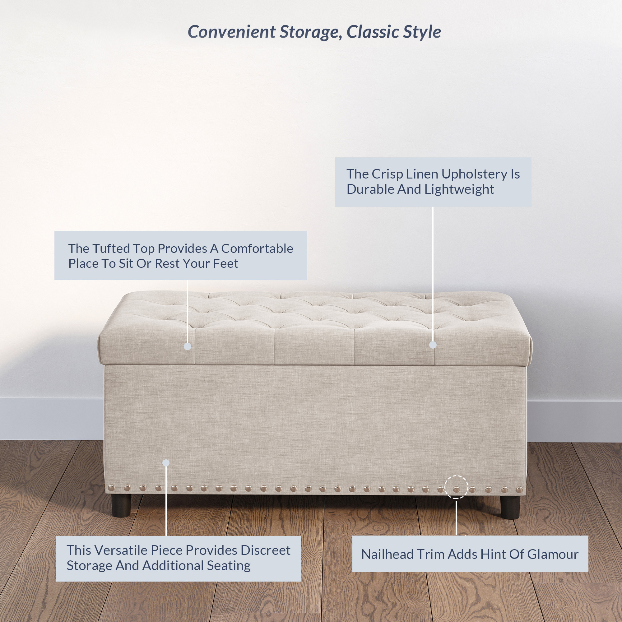 Belleze 35 Inch Button-Tufted Storage Ottoman, Beige photo 3
