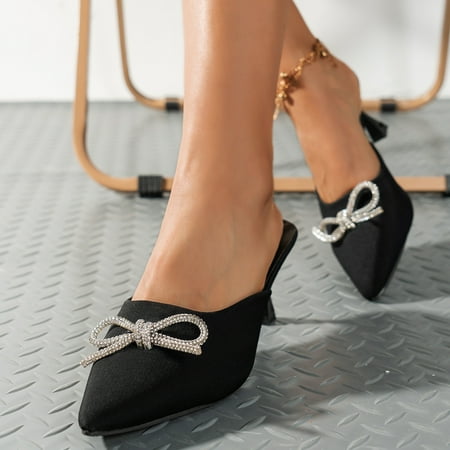 

Women s Slip on Rhinestone Bows Stiletto Heel Sweet Pumps Dress Party Wedding Fashion Shoes