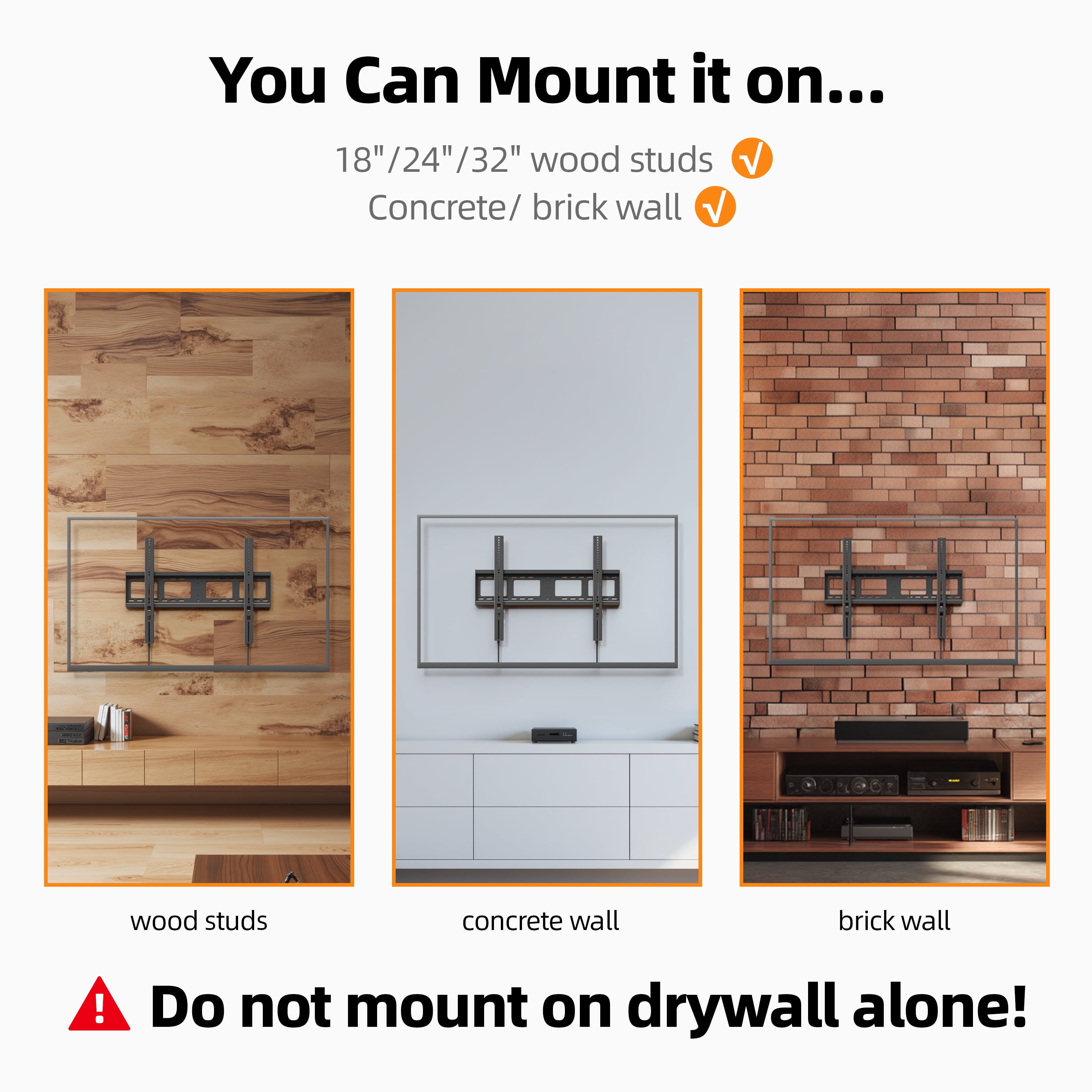 MountLiving Heavy Duty Fixed TV Mount for 42 to 120 inch Flat TVs, Low Profile TV Wall Mount Holds 200 lbs, Max VESA 800x600, Fits 16"/18"/32" Studs