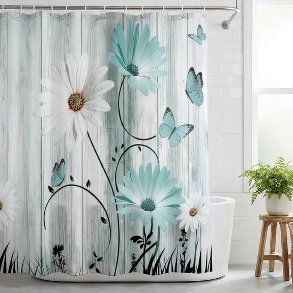 Teal and White Daisy Shower Curtains, Watercolor Rustic Floral Waterproof Fabric Wildflower Bathroom Shower Curtain with 12 Hooks, 72 x 72 Inch