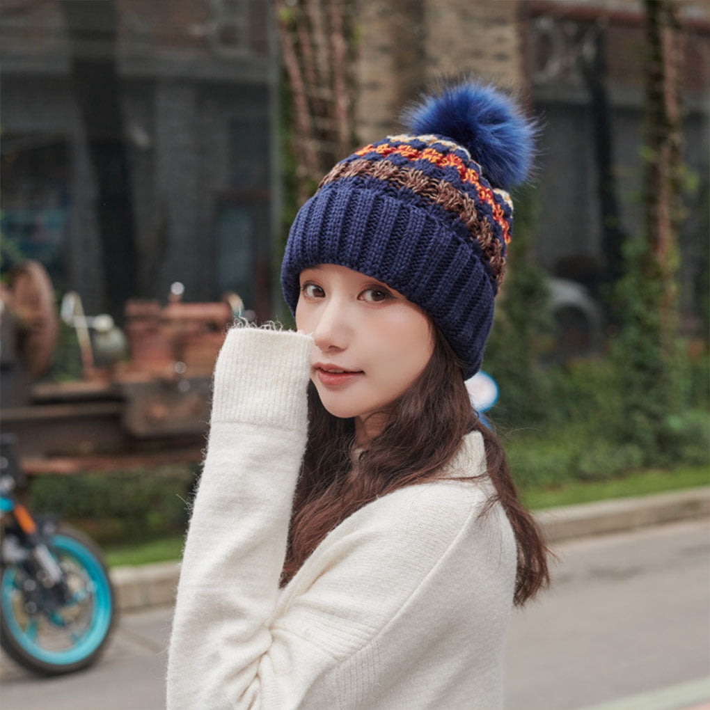 Beanie Hat Women Knitted Cap with Hair 