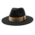 thumbnail image 3 of Sombrero fedora clásico con cinta para mujer, gorro de ala grande de lana plana para hombre y mujer, sombrero de jazz Panamá, Otoño e Invierno, 3 of 4