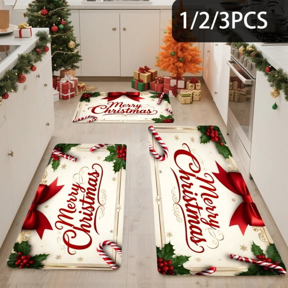 3PCS Kitchen Mat set, Welcome Door Flannel Rug,Home Decor for Front Door,Kitchen, Bathroom, Merry Christmas Red Bow Pattern ,Great Christmas Housewarming gift for Family and Friends.