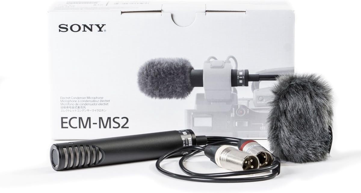 Sony ECM-MS2 Stereo Electret Condenser Microphone – Compact XLR Mic for DSLR & Camcorders – Pro Audio Solution for Film, Broadcast, & Live Events + Cable Ties + Microphone Cleaner + More