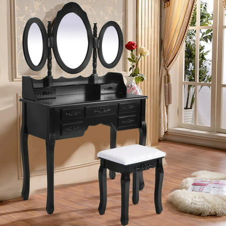 Costway Black Tri Folding Oval Mirror Wood Vanity Makeup Table Set with Stool &7 Drawers