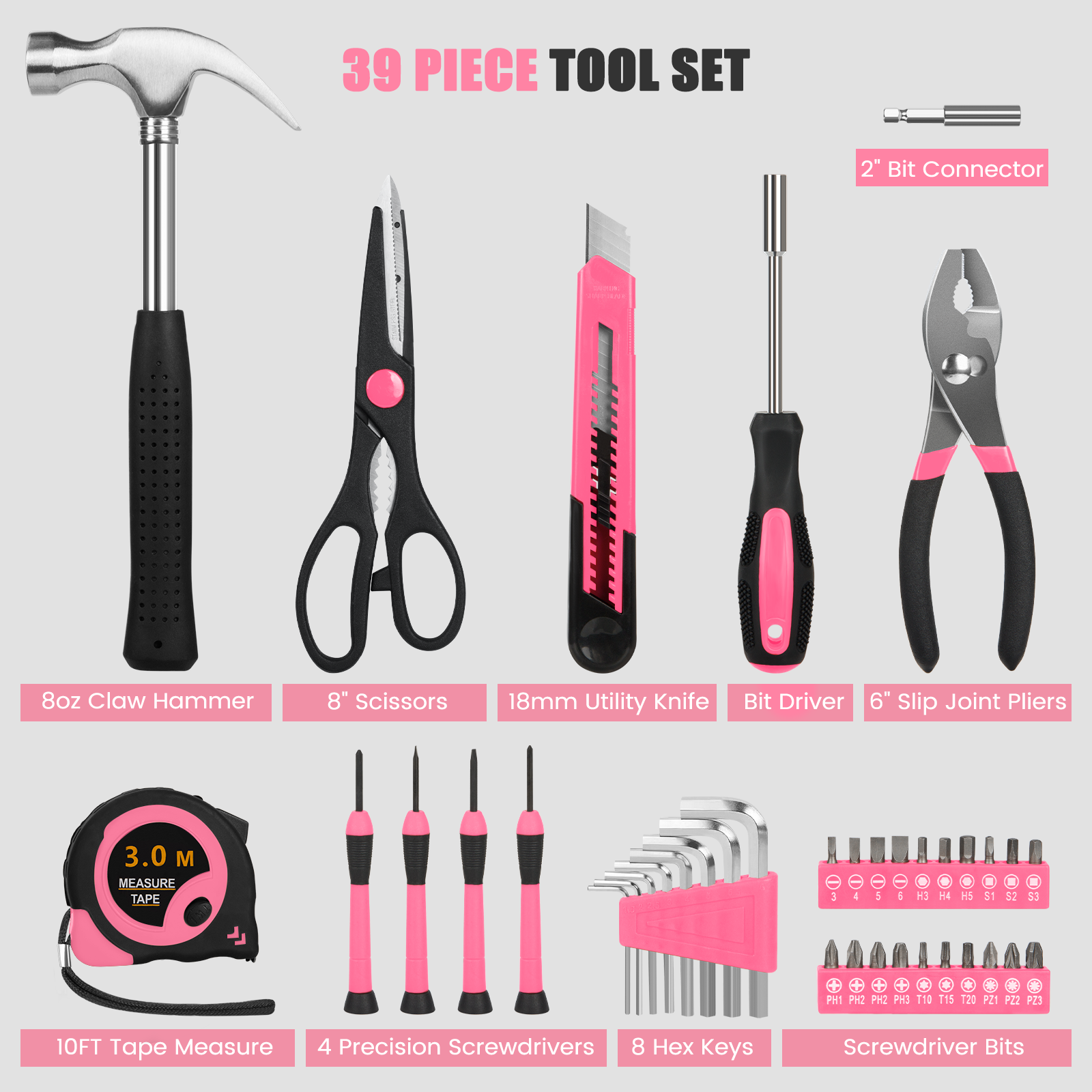 Cshidworld 39-Piece Household Tool Kit, Pink photo 2