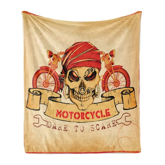 Manly Soft Flannel Fleece Blanket, Illustration of Skull Classics Motorcycle Dare to Scare Spooky Dangerous Race, Cozy Plush for Indoor and Outdoor Use, 50" x 60", Orange Sand Brown, by Ambesonne