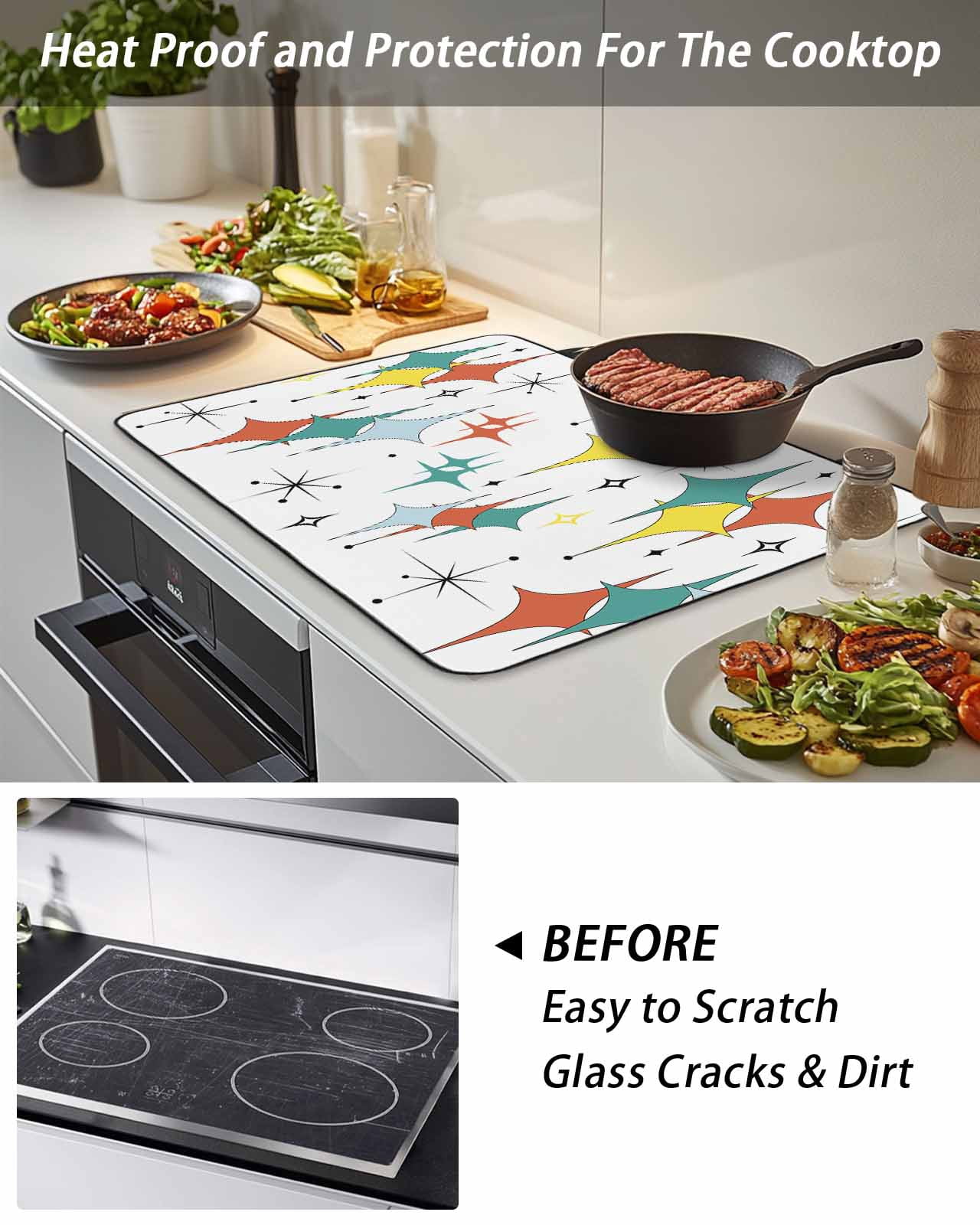 Stove Top Covers for Electric Stove, Middle Century Glass Stovetop Cover Protector, Boho Abstract Art Teal Orange Rhomboid Induction Cooktop Protector Oven Mat for Kitchen Countertop 24"x21"