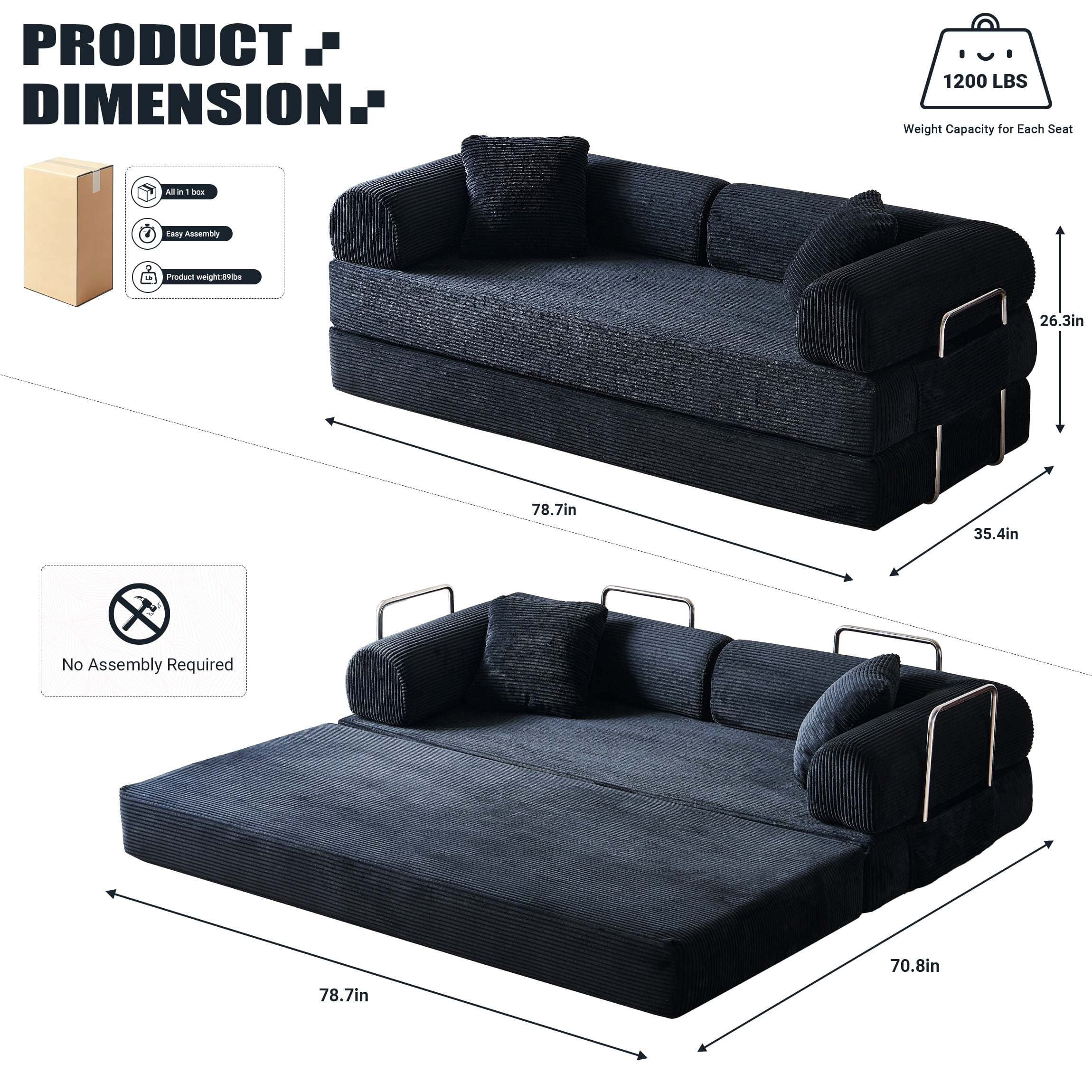 Vanress 78" Convertible Sofa Bed, Folding Sleeper Sofa Couch Bed with Fixed-Shape Frame, Pull-Out Sleeper Loveseat, Corduroy Boneless Futon Bed, No Assembly Required for Living Room & Bedroom, Black