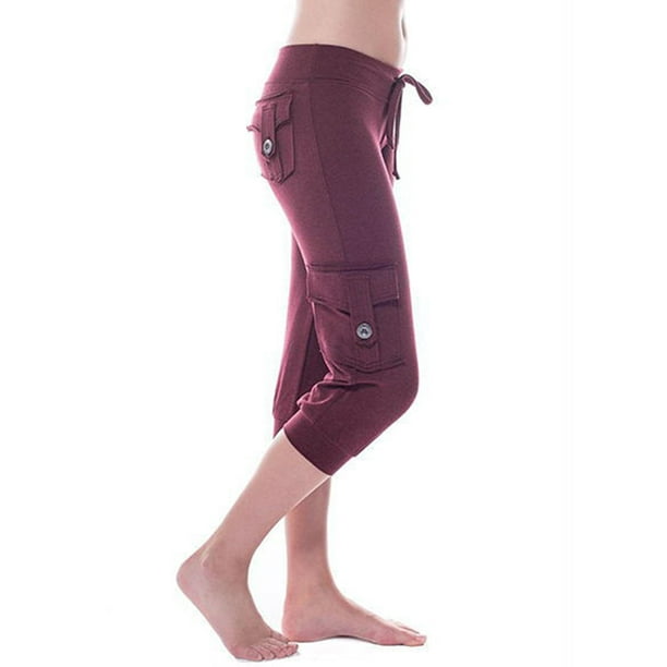 Daeful Bottoms Drawstring Capri Yoga Pants Low Waist Capris Pant Women  Lounge Leisure Elastic Waisted Trousers Wine Red XL