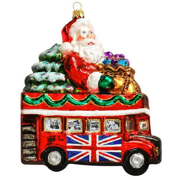 Santa Riding English Double Decker Bus Polish Glass Christmas Ornament