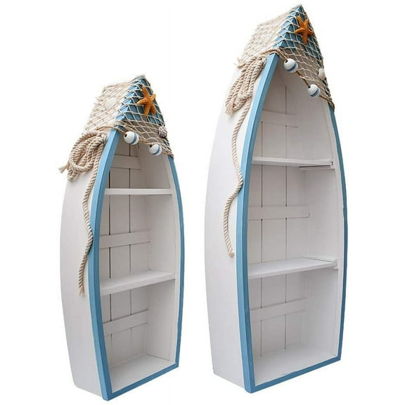 Attraction Design Wooden Boat Shelf Set of 2, Beach Theme Standing Display Boat with 3 Shelves Fish Net Star Fish Shell Nautical Decor (Boat Shelf 2 Set)