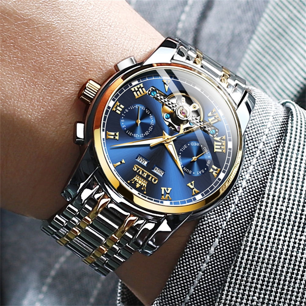 OLEVS Automatic Watches for Mens Self-Winding Mechanical Chronograph Classic Fashion Business Tourbillon Skeleton Stainless Steel Waterproof Luminous Mens Wrist Watches Reloj Para Hombre