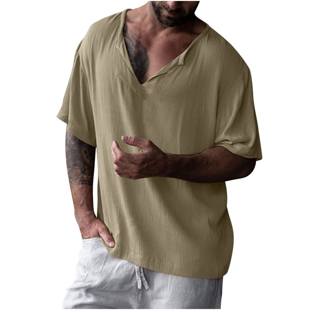 pstuiky camisetas de manga corta para hombre, Blusa informal de manga corta con cuello vuelto y aberturas para hombre, color liso, a la moda camisetas de hombre xl