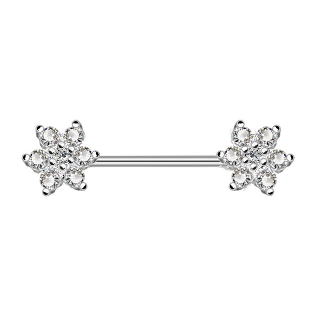 Piercing corporal sexy de acero quirúrgico con circonita y flor para el pezón (plata)