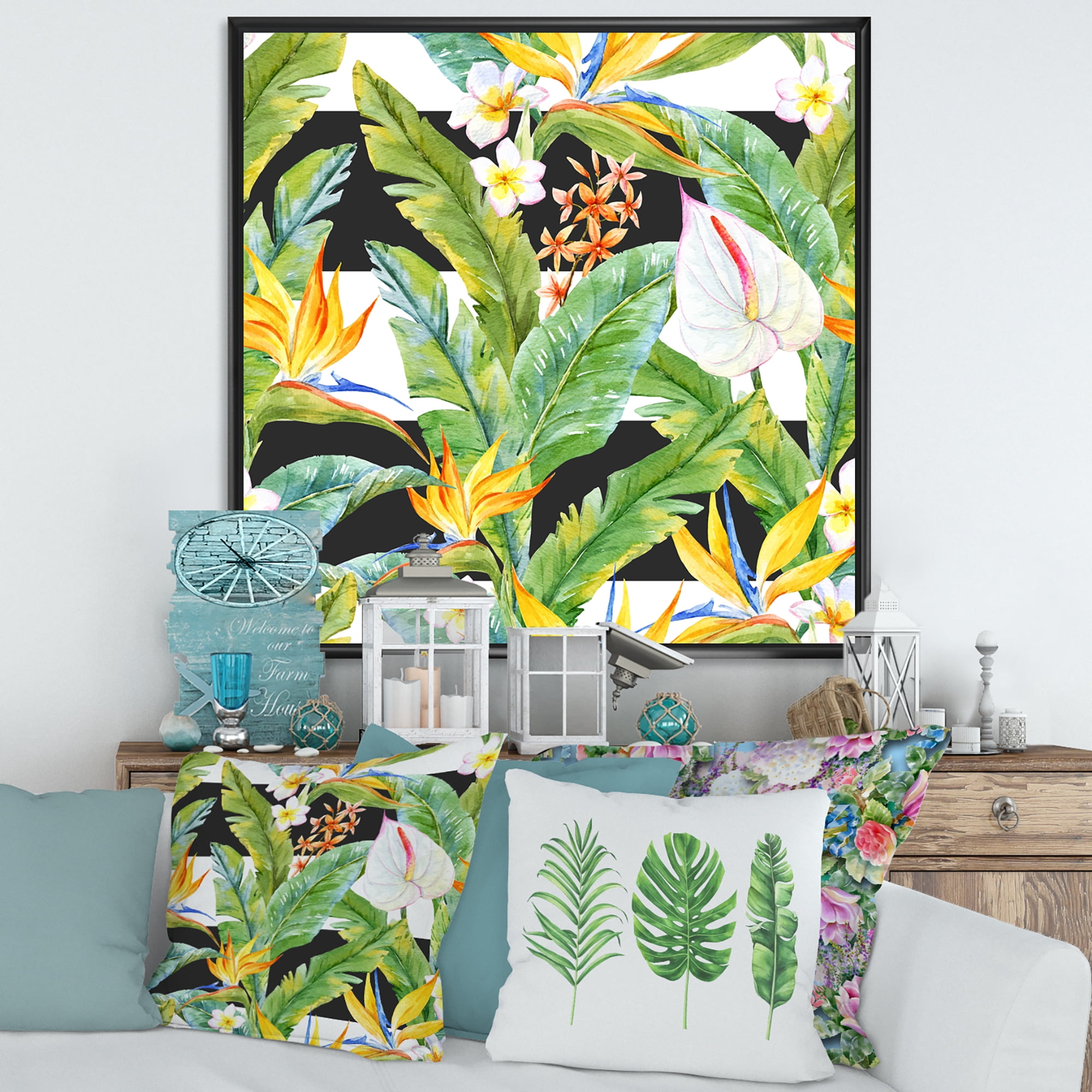 Designart 'Yellow Flowers and Tropical Foliage IV' Modern Framed Canvas Wall Art Print