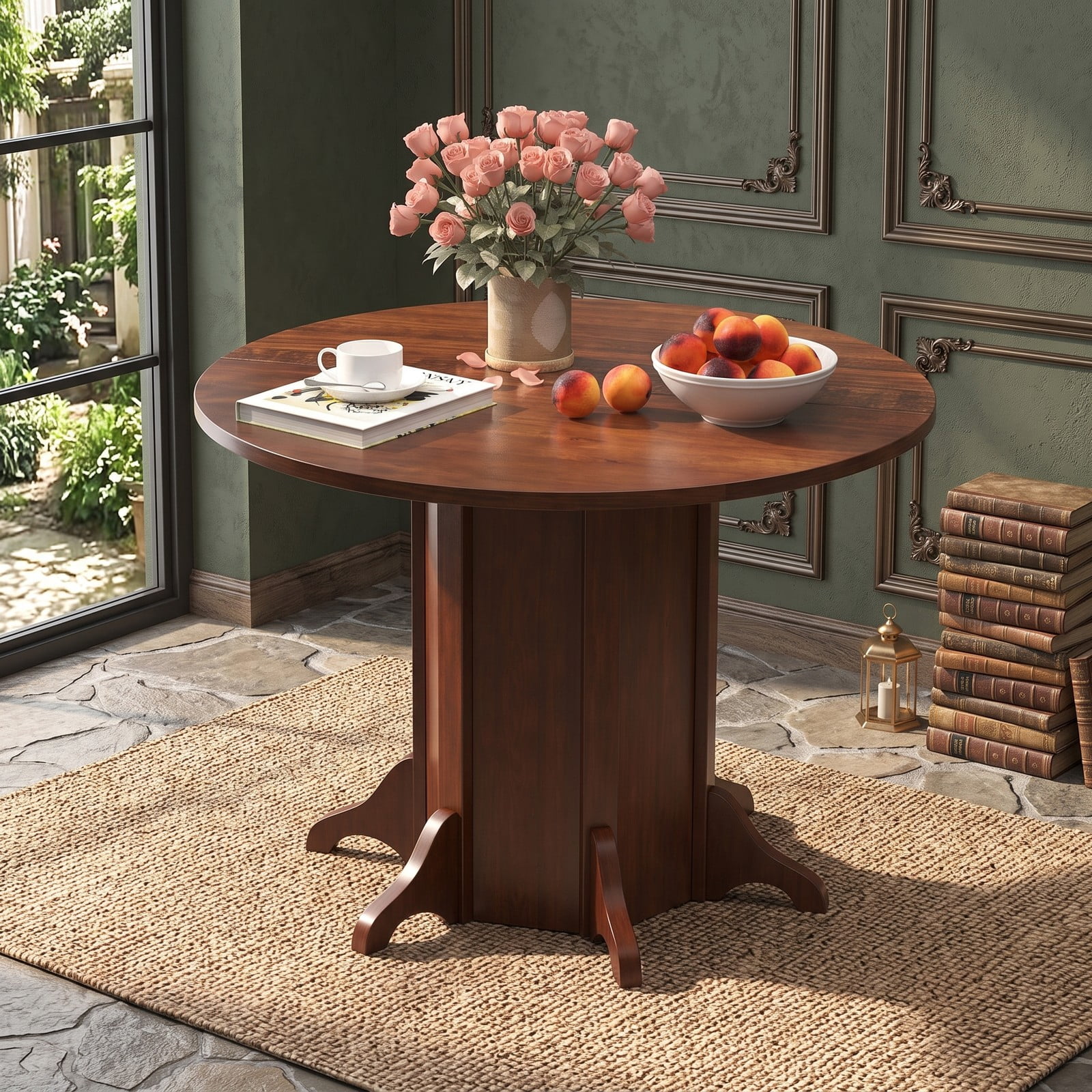 Furnibear Round Dining Table for 4-6 People, 42 Inch Kitchen Dinner Table with Pedestal Base, Waterproof MDF Tabletop with Acacia Wood Veneer for Kitchen, Walnut