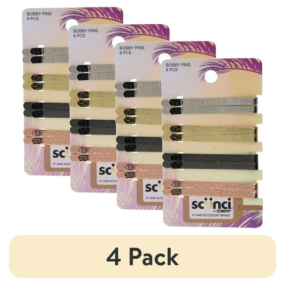 (4 pack) Scunci by Conair Bobby Pins, 8-Piece Set, Assorted Metallic Colors with Textured Design, Strong Hold for All Hair Types