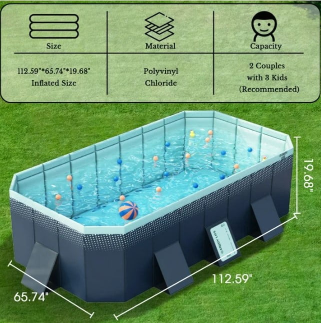 LHUAI Foldable Non-Inflatable Family Outdoor Swimming Pool, Rectangular Above Ground Pools For Backyard, Navy Blue, 113" x 66" x 20"