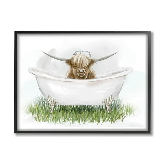 Country Highland Cattle Bathtub Animals & Insects Graphic Art Black Framed Art Print Wall Art