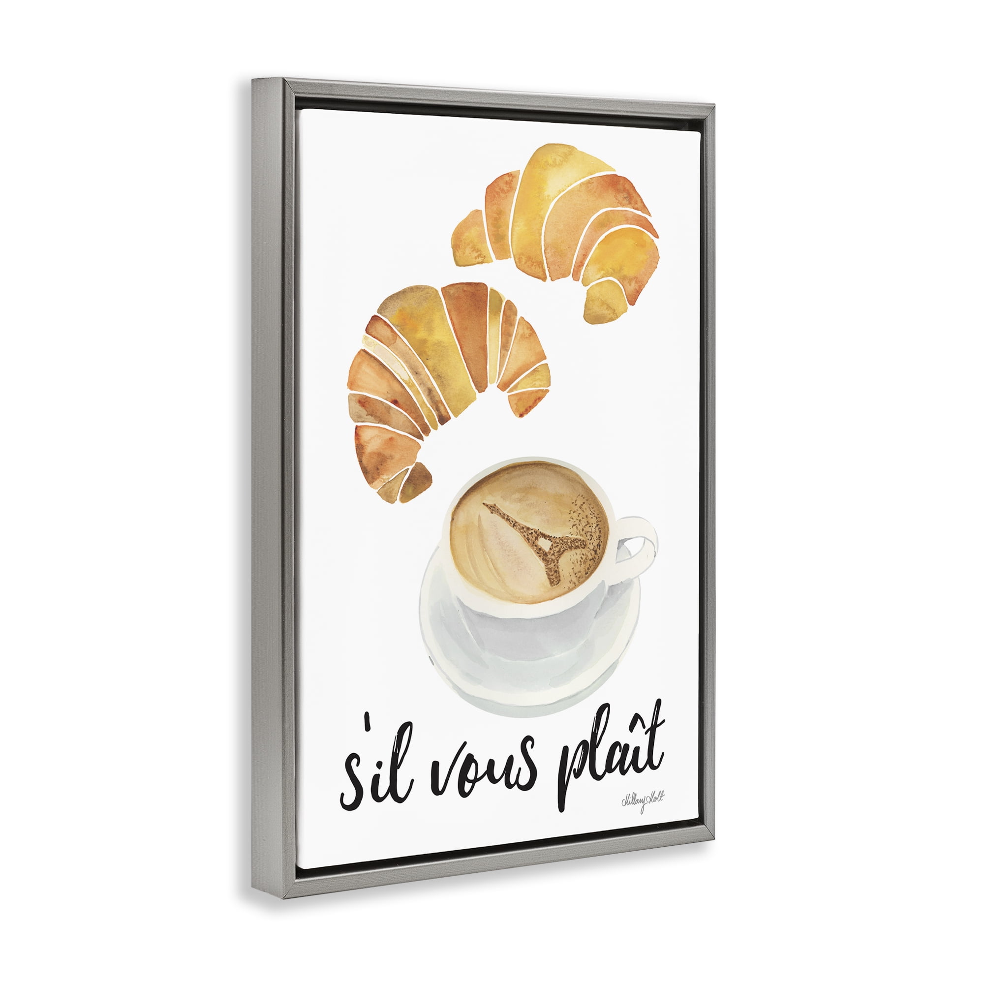 Stupell Industries Paris Croissant and Coffee Gray Framed Floater Canvas Wall Art, design by Hillary Holt