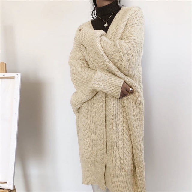 Suéter de mujer largo estilo otoño-invierno, cárdigan de punto, moda retro, sencillo, grueso, suelto, torcido, abrigo para mujer