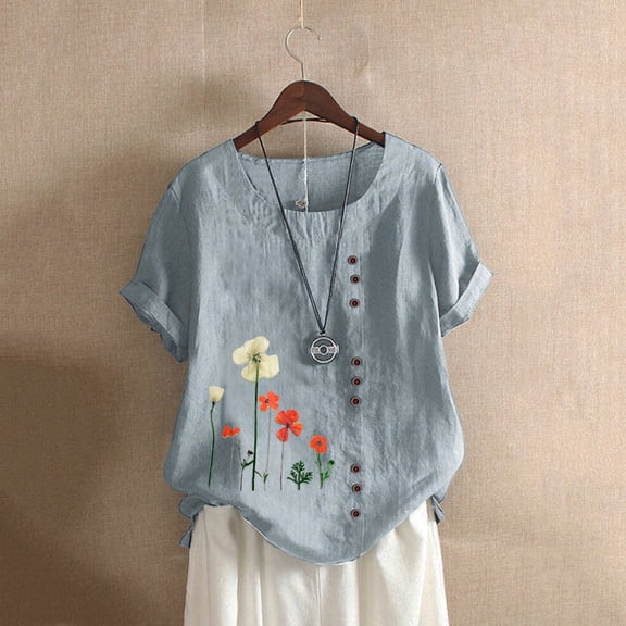 womens Tops for $5 Tops For Women Women Casual Plus Size O-Neck Printed Loose Button Tunic Shirt Blouse Tops