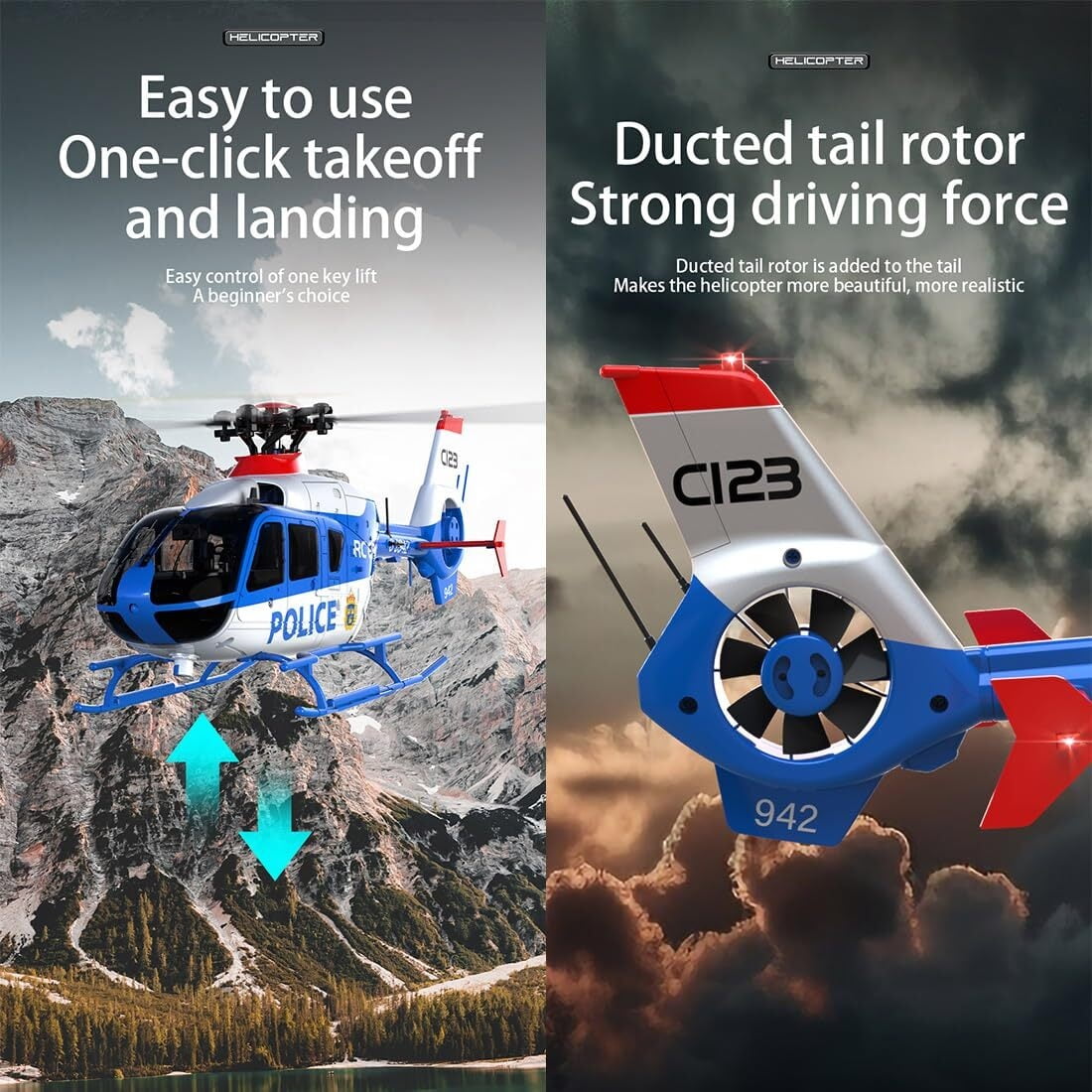 C123 RC Helicopter, 1:36 6CH EC135 Remote Control Helicopter for Adults, 2.4GHz RC Aircraft with 6-Axis Gyro, Inverted Flight, Altitude Hold, One Key Take Off/Landing (Blue(3 Batteries)